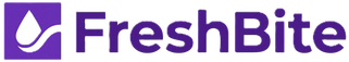 FreshBite logo in purple on a white background, featuring a square icon with a white droplet inside a purple border and the brand name FreshBite in purple text.